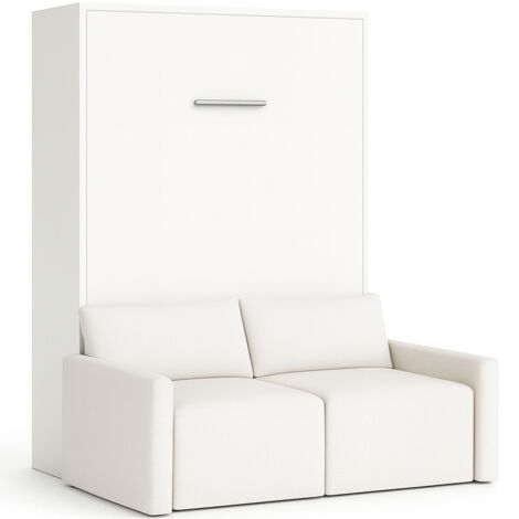 Lit escamotable vertical avec canapé tissu VALENCIA Blanc Matelas mousse 18 cm-Avec matelas-160x200-Canapé Blanc-Structure Blanche