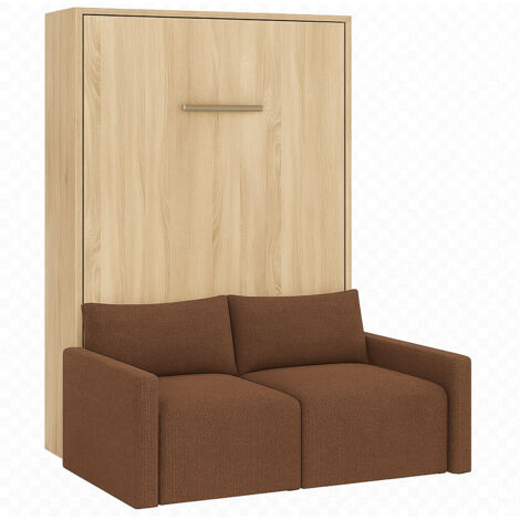 Lit escamotable vertical avec canapé tissu VALENCIA Camel Matelas mousse 18 cm-Avec matelas-140x190-Canapé Camel-Structure Chêne clair