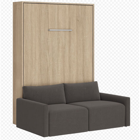 Lit escamotable vertical avec canapé tissu VALENCIA Gris foncé Matelas mousse 18 cm-Avec matelas-160x200-Canapé Gris foncé-Structure Chêne clair