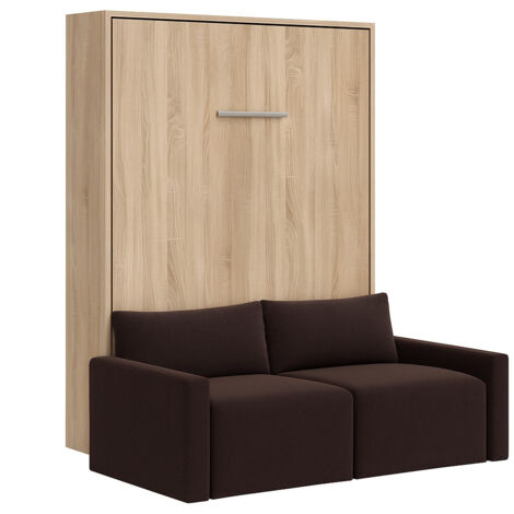Lit escamotable vertical avec canapé tissu VALENCIA Marron Sans matelas-80x180-Canapé Marron-Structure Chêne clair