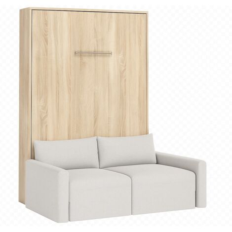 Lit escamotable vertical avec canapé tissu VALENCIA Matelas mousse 18 cm Beige-Avec matelas-160x200-Canapé Beige-Structure Chêne clair