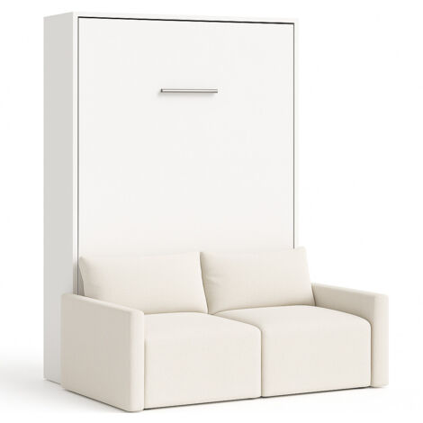 Lit escamotable vertical avec canapé tissu VALENCIA Naturel Matelas mousse 18 cm-Avec matelas-160x200-Canapé Naturel-Structure Blanche