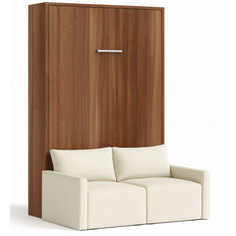 Lit escamotable vertical avec canapé tissu VALENCIA Naturel Sans matelas-80x180-Canapé Naturel-Structure Noyer
