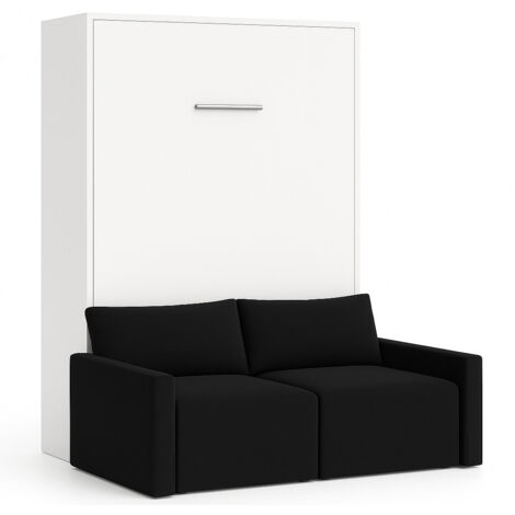 Lit escamotable vertical avec canapé tissu VALENCIA Noir Matelas mousse 18 cm-Avec matelas-80x180-Canapé Noir-Structure Blanche