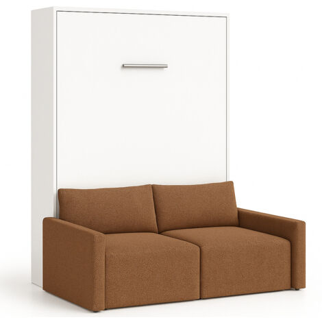 Lit escamotable vertical avec canapé tissu VALENCIA Sans matelas Camel-160x200-Canapé Camel-Structure Blanche