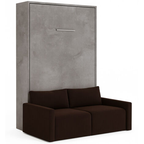 Lit escamotable vertical avec canapé tissu VALENCIA Sans matelas Marron-160x200-Canapé Marron-Structure Gris ciment