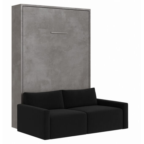 Lit escamotable vertical avec canapé tissu VALENCIA Sans matelas Noir-140x190-Canapé Noir-Structure Gris ciment