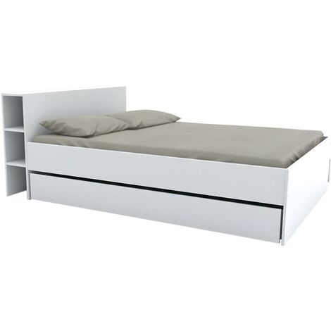Lit EUGENE avec tête de lit rangements et tiroirs - 160 x 200 cm - Blanc - Blanc