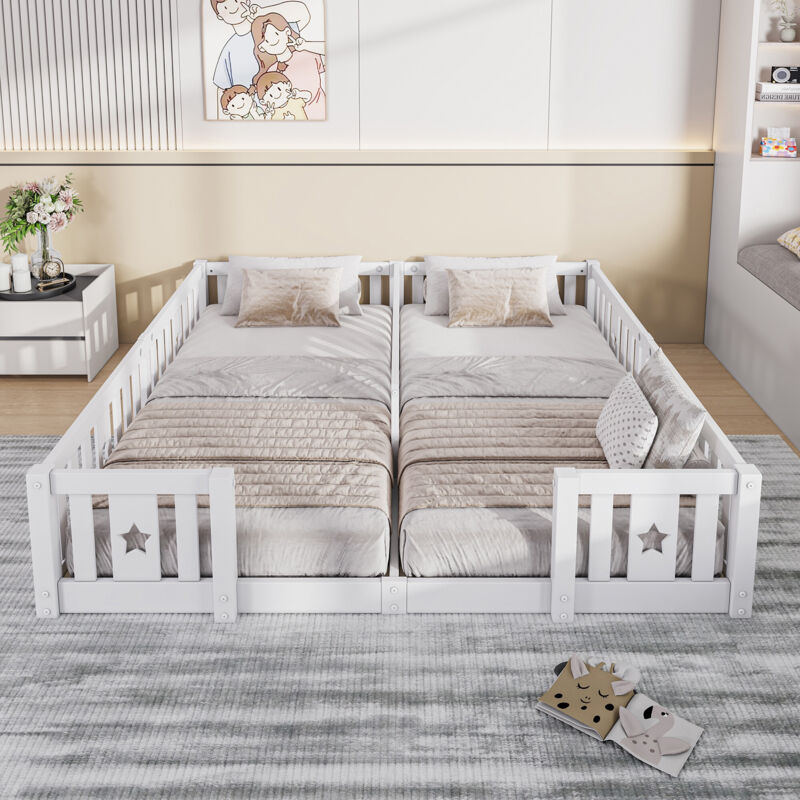 Lit évolutif 2x 90x200cm - Lit au Sol - Lit Double Enfant Barrière 90x200 - Design Étoiles - sans Sommier - en Pin Massif Blanc