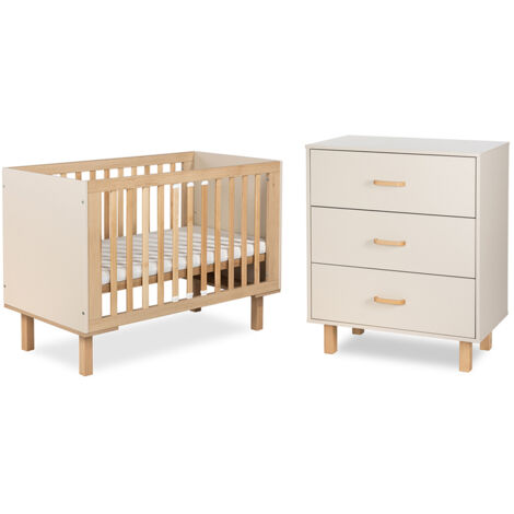 Lit évolutif 60x120 et commode 3 tiroirs Littlesky by Klups Laura Champagne et Bois