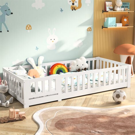 Lit évolutif 90x200cm, lit bébé avec sommier à lattes et barrières de lit, anti-chutes, cadre de lit en pin, blanc