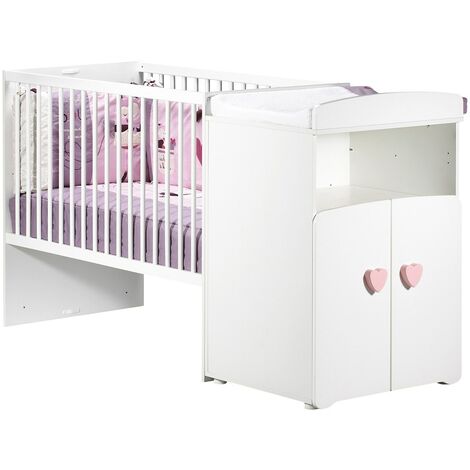 Lit évolutif bébé 60x120 cm – MDF laqué blanc – Boutons cœur rose – Transformable en lit junior – Sécurité normes EN 716-1/1130 – Sauthon