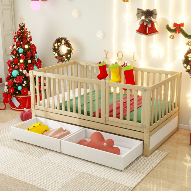 Lit évolutif bébé 90x200cm - lit enfant avec cloison en bois, cadre de lit polyvalent transformable en 2 lits séparés - naturel