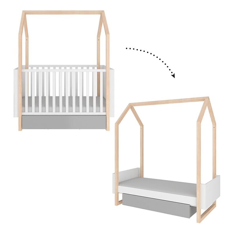 Lit évolutif cabane 70x140 en 70x160 tiroir inclus Bellamy Pinette Blanc et gris