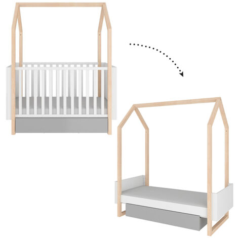 Lit évolutif cabane 70x140 en 70x160 tiroir inclus Bellamy Pinette Blanc et gris