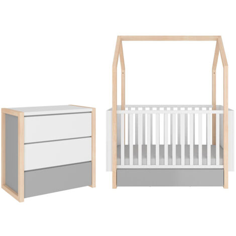 Lit évolutif cabane 70x140 et commode 3 tiroirs Bellamy Pinette Blanc et gris