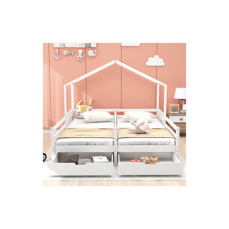 Lit familial, lit double, lit bébé, lit bébé avec 2 tiroirs MDF, tiroirs sur roues, base à lattes de pin, blanc (200x90cm)