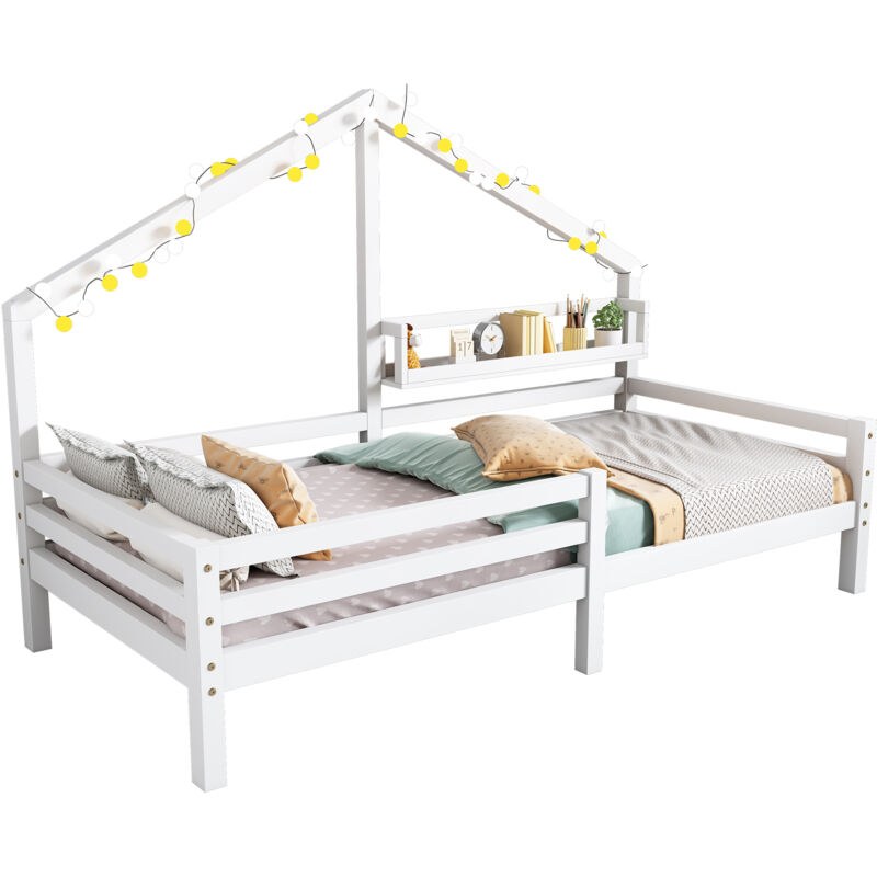 Lit familial, Lit enfant avec étagères de rangement, Moulure de cheminée, 90 x 200 cm-Blanc