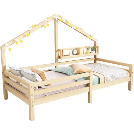 Lit familial, Lit enfant avec étagères de rangement, Moulure de cheminée, 90 x 200 cm-Naturel