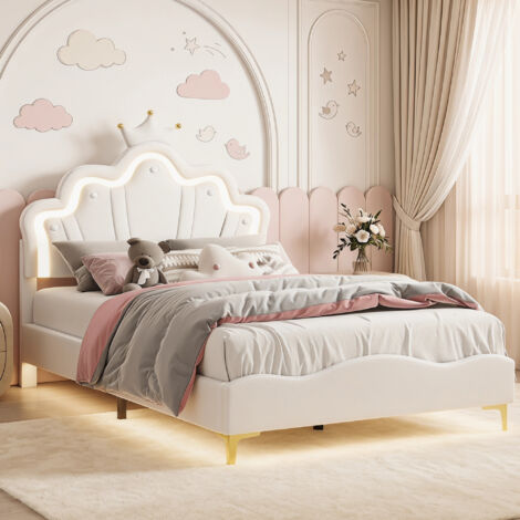 Lit fille 140x190 cm - Lit rembourré double - Tête de Lit Couronne Princesse - Lit Enfant avec LED - Sommier à Lattes- PU - Blanc