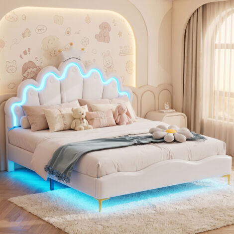 Lit fille 140x200 cm - Lit rembourré double - Tête de Lit Couronne Princesse - Lit Enfant avec LED - Sommier à Lattes- PU - Blanc