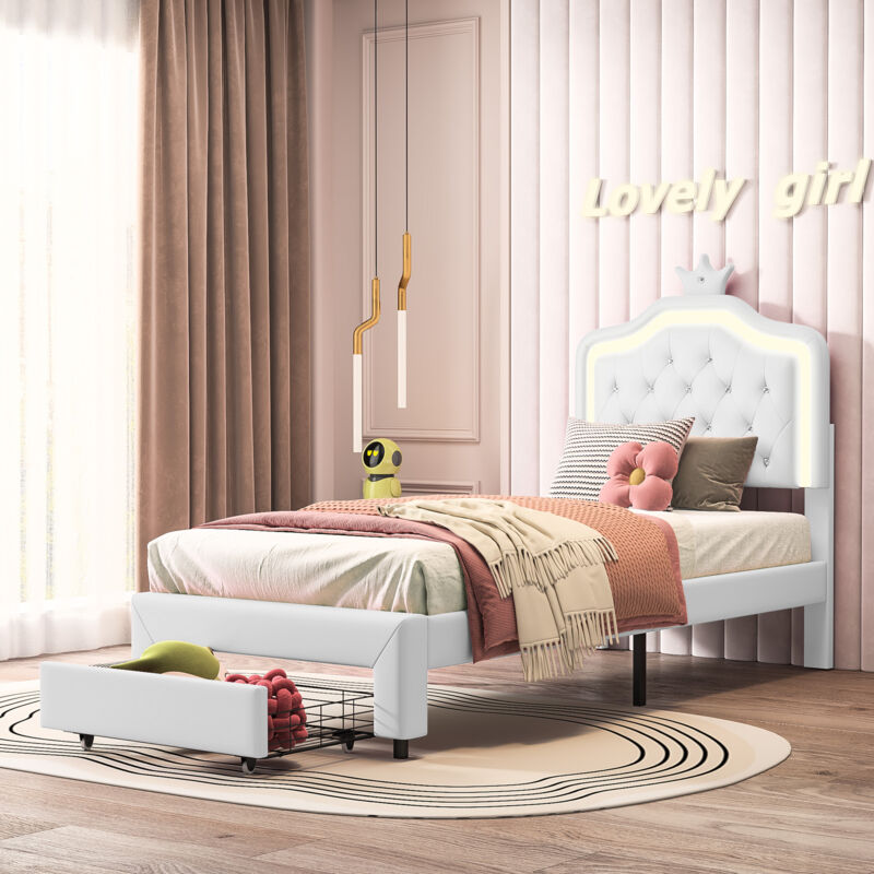 Sureh - Lit fille 90 x 200 avec led et tiroirs,lit princesse avec tête de lit rembourrée et sommier à lattes, décor couronne,lit 1 Personne