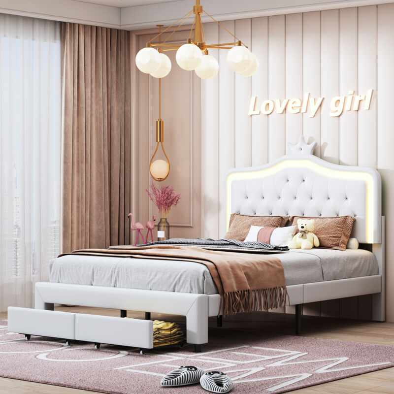 Lit fille 140 x 200 avec led et tiroirs,lit princesse avec tête de lit rembourrée et sommier à lattes, décor couronne,lit 2 Personnes 140x200,cadre