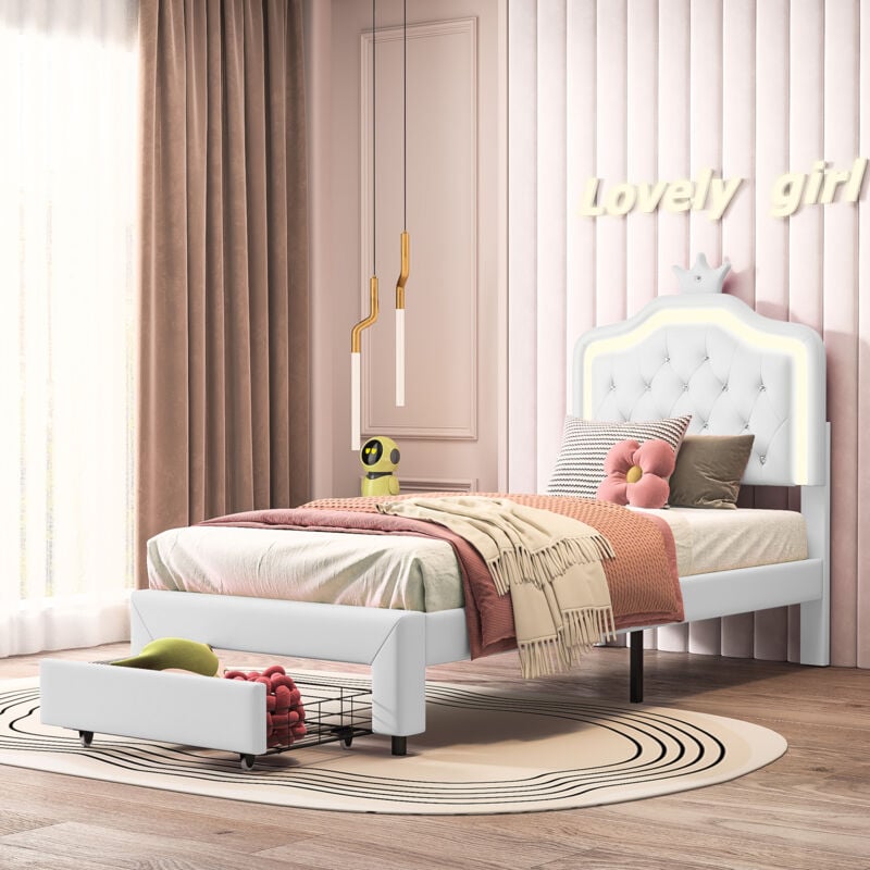 Lit fille 90x200 avec tête de lit et tiroir capitonnés, lit enfant 90x200 avec sommier à lattes, lit simple led, cadre de lit