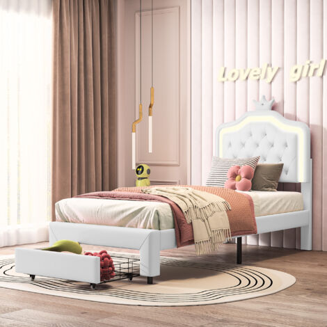 Lit fille 90x200 avec tête de lit et tiroir capitonnés, lit enfant 90x200 avec sommier à lattes, lit simple LED, cadre de lit