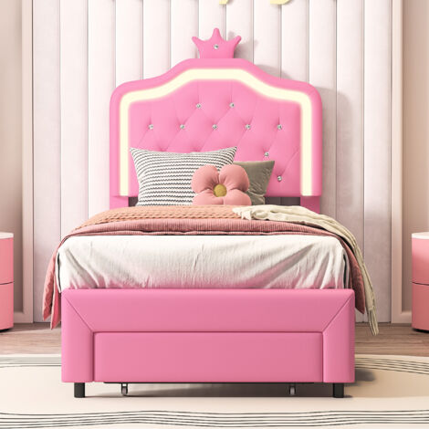 Lit fille 90x200 cm ,Lit enfant 90x200 cm avec LED,Lit princesse, 1 tiroir, lit simple, Sommier à lattes,Blanc,Rose