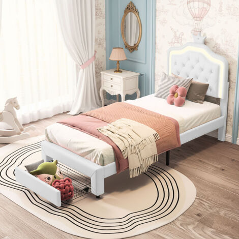 Lit fille 90x200cm avec lampes LED, lit enfant avec tête de lits réglable en hauteur et 1 tiroirs, PU lit simple pour fille en cuir avec couronne, blanc