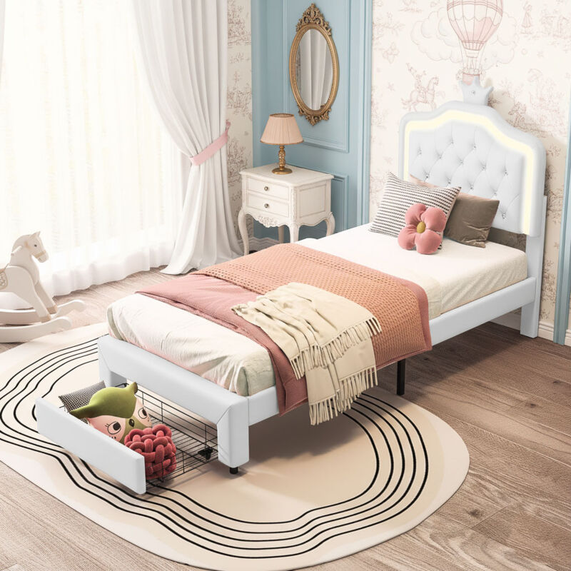 Lit fille 90x200cm avec lampes LED, lit enfant avec tête de lits réglable en hauteur et 1 tiroirs, PU lit simple pour fille en cuir avec couronne,