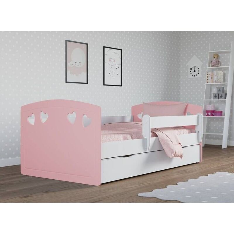 Les Tendances – Lit fille rose avec barrière de sécurité amovible – Dimensions 80x160 cm – Bois Européen FSC – Sommier inclus en lattes de bouleau