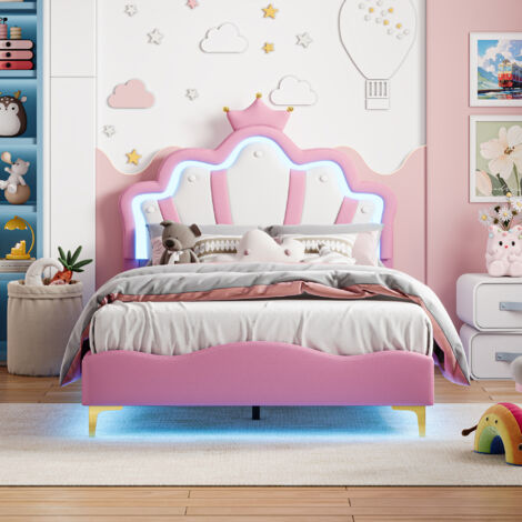 Lit Fille Princesse 140x190cm, en Forme de Couronne,Lit Enfant avec Tête lits réglable, lit Fille simple avec sommier, 140x190cm LED Lit Enfant pour Ado et Fille,Blanc+Rose PU, sans Matelas