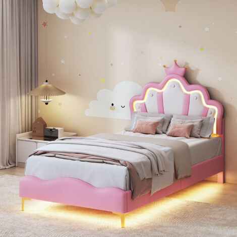 Lit Fille Princesse 90x190cm, en Forme de Couronne,Lit Enfant avec Tête lits réglable, lit Fille simple avec sommier,90x190cm LED Lit Enfant pour Ado et Fille,Blanc+Rose PU, sans Matelas