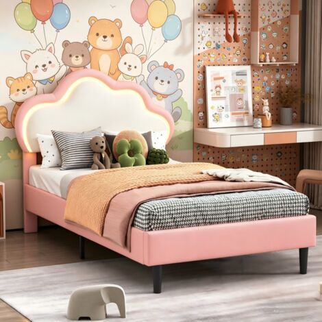 Lit Filles rembourré 90x200, Lit enfant 1 Places avec LED, Cadre de lit d'Ado, Tête de lit en forme de nuage à hauteur réglable, PU, Blanc+Rose, sommier Non
