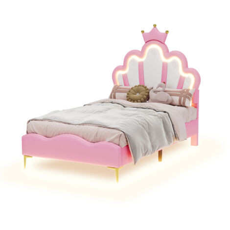 Lit Filles rembourré,lit princesse enfant 90x190 Lit simple,Cadre de lit d'Enfant et d'Ado avec LED, tête de lit Couronne et réglable en Hauteur,Rose+Blanc