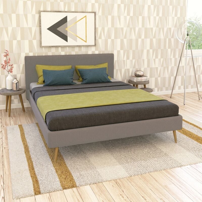 Lit fjord 140x190 tissu + 1 sommier + 1 matelas carlton / Gris Clair/ 205x147x88 cm