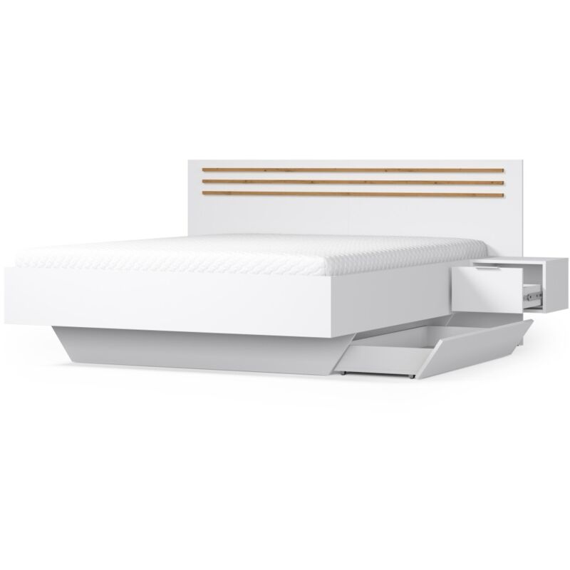 Meublorama – Lit FLORENCE 180x200 cm blanc avec 2 chevets intégrés – Structure en panneaux mélaminés 22 mm – Tête de lit graphique moderne