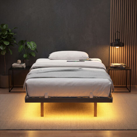 Lit Flottant 90 x 190 cm avec LED, Ports USB et Prises CA, pour Chambre, Capacité 250 kg, Noir