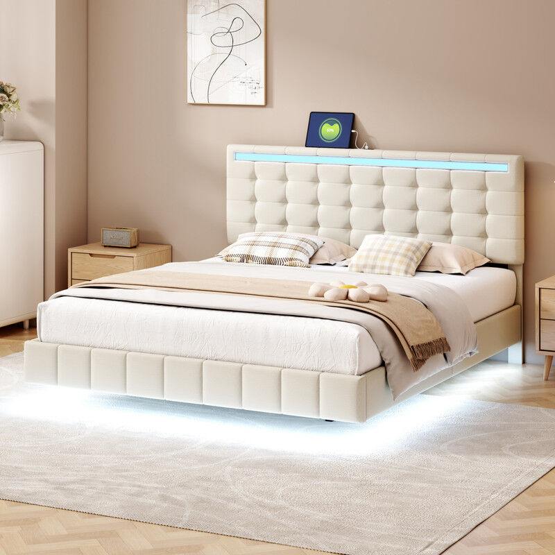 Sureh - Lit Flottant Lit 160 x 200 cm avec led et ports usb, lit double rembourré, design de pied de lit caché, Cadre de lit 160x200 avec sommier,