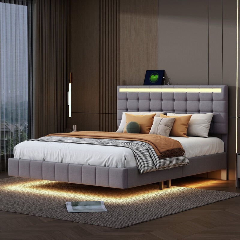 Lit Flottant Lit 160 x 200 cm avec led et ports usb, lit double rembourré, design de pied de lit caché, Cadre de lit 160x200 avec sommier, lin, gris