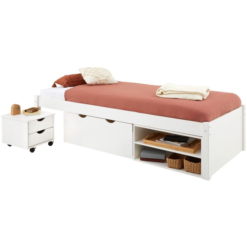 Idimex - Lit fonctionnel sabrina 90x190 cm, en pin massif lasuré blanc