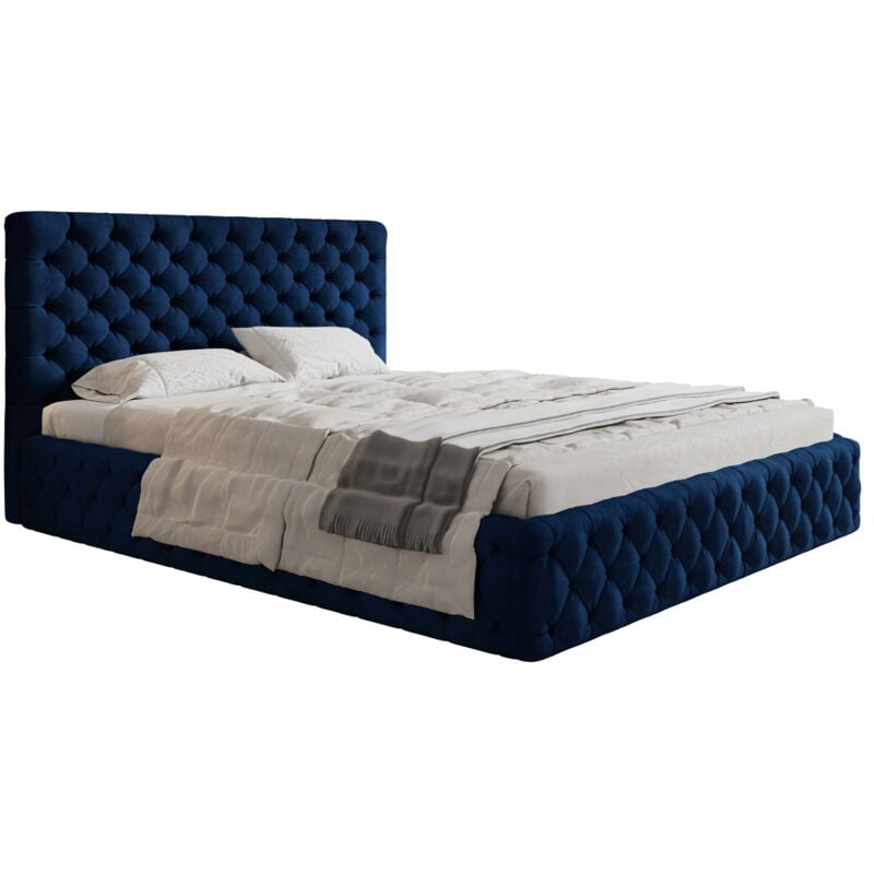 Emporius - Lit adulte Chesterfield 160x200 Furis - Tiroir de Lit, Tissu Velours, Sommier à Latte - Glamour Lit Double Chambre à coucher (Bleu