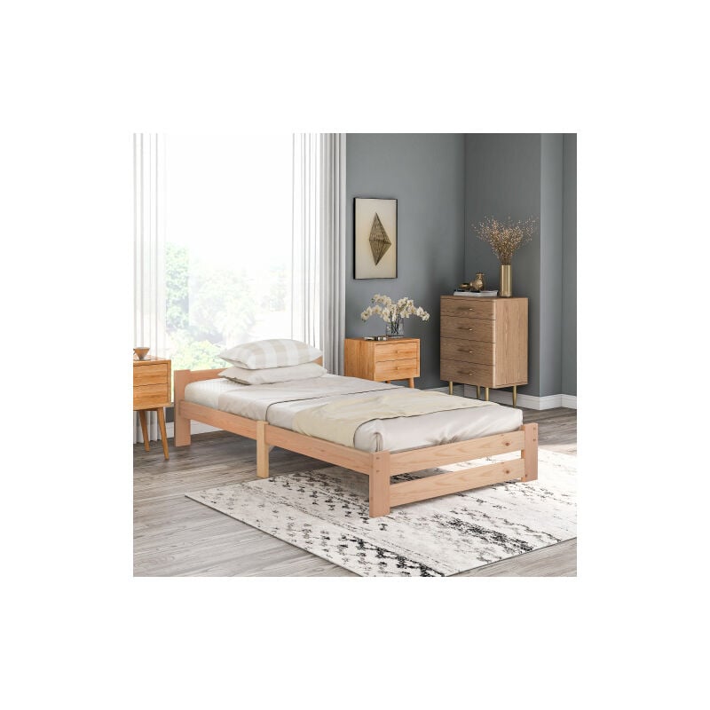 Lit futon en bois massif lit naturel en bois massif avec tête de lit et cadre à lattes, naturel (200x90cm)