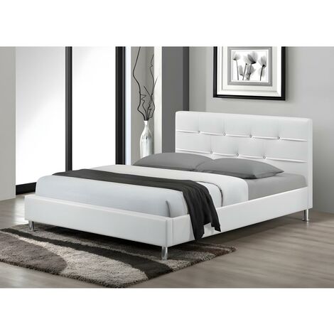Lit GABIN + cadre à lattes - 140x190cm - Boutons effet diamant et simili blanc - Blanc
