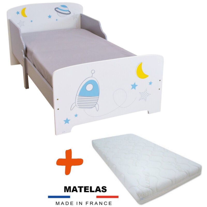 Bebegavroche - Lit en bois Espace et aventure spatiale 140 cm + Matelas