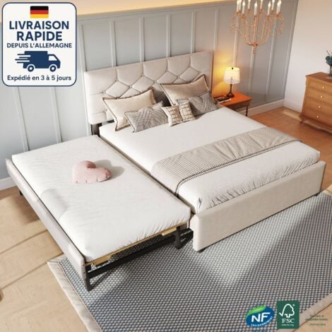 MODFU Lit gigogne 140x200+90x200 - lit capitonné tissu - Lit adulte 140x200 - avec 2 sommiers et un tiroir-lit - Sommier à lattes - Contemporain - Beige