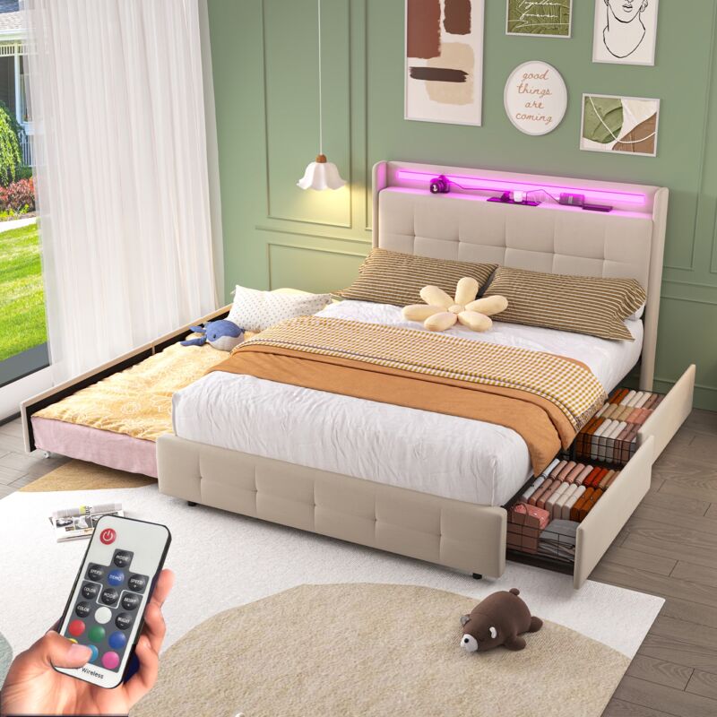 Dans Les Nuages - Lit gigogne 140x200 cm, 3 places, avec led, espace de rangement, 2 tiroirs, usb, sommier à lattes en bois, cadre en métal, lit