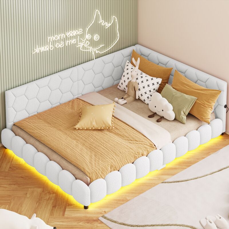 Lit gigogne 140x200 cm, avec éclairage d'ambiance LED, fonction chargement USB, sherpa, sommier à lattes, adapté aux chambres et salons, chambres